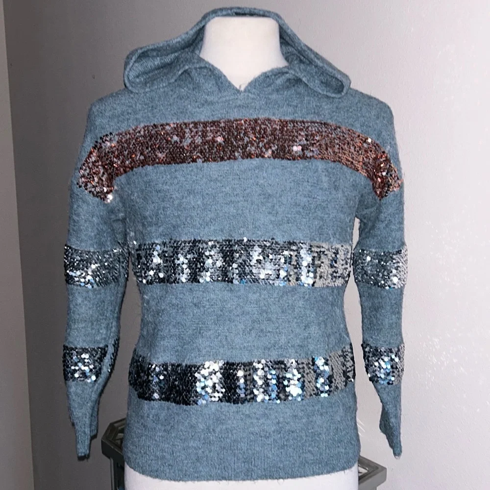 Nine West | Womens Fuzzy Knit Blue Sequin Stripe Hoodie Sweater - Size M - Picture 3 of 8